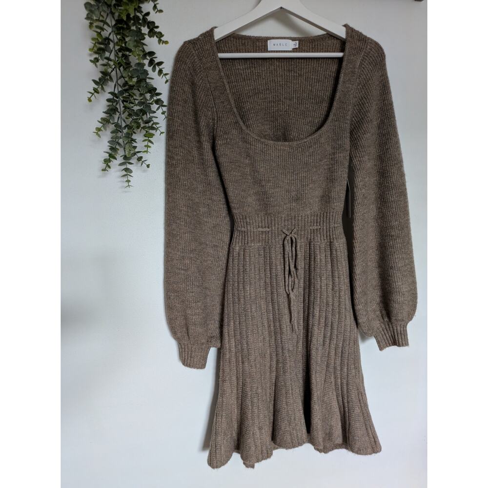 MABLE Brown Knit Balloon Sleeve Scoop Neck Ribbed Mini Sweater Dress Tie Waist - Picture 2 of 7